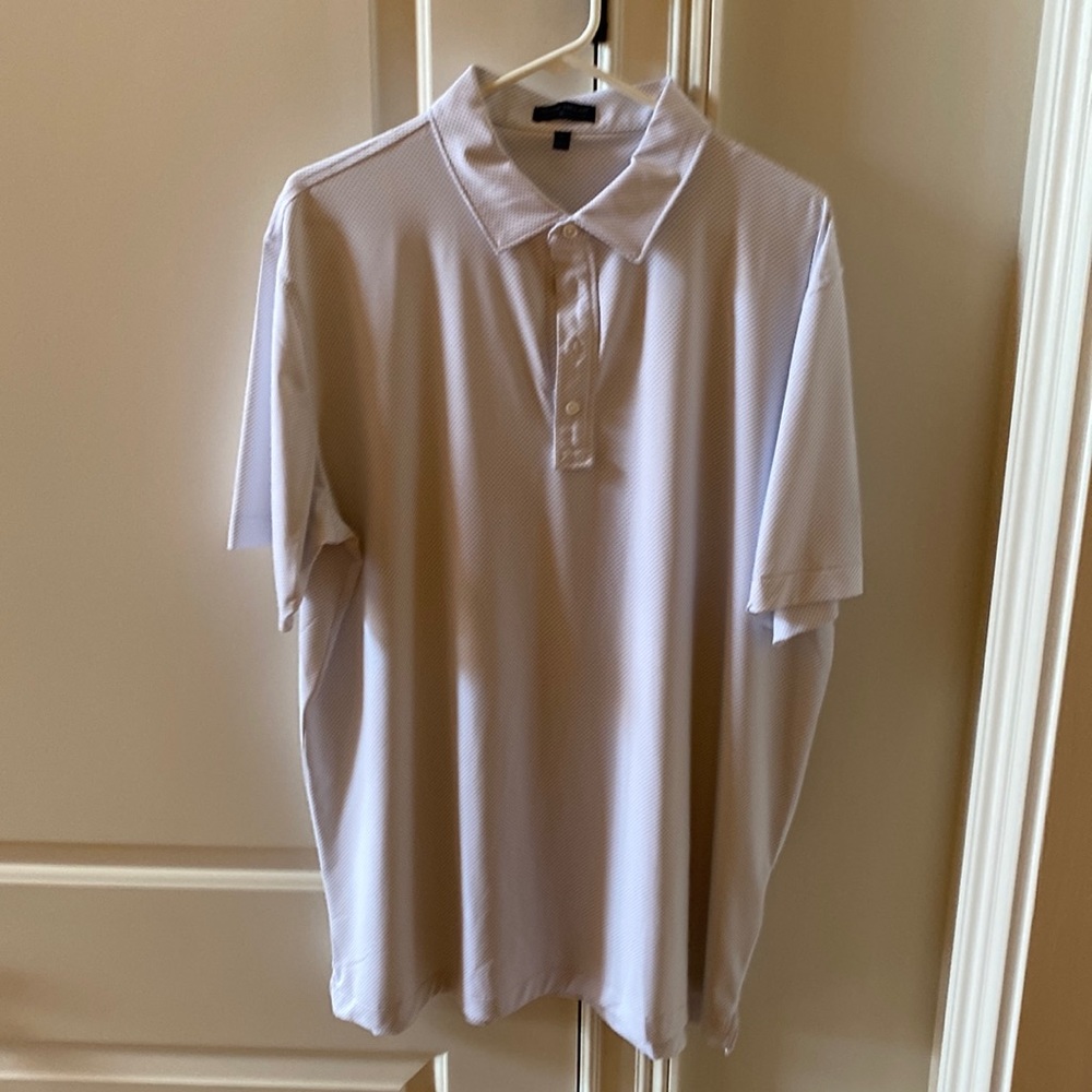 Peter Millar XL golf shirt, white, blue polka dots